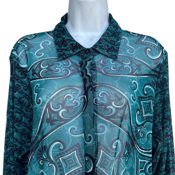 Chico's Traveler 2 Paisley Mesh Tunic Shirt Sz L Long Sleeve Teal Button Up Top - Picture 3 of 4
